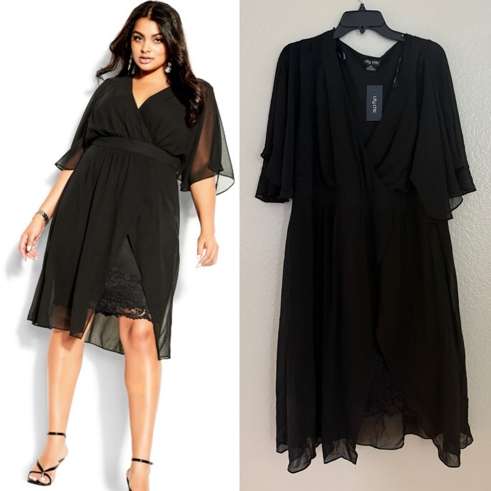 City Chic Love Affair Lace Chiffon Dress Black